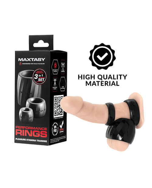 Maxtasy Performance Rings Black Set of 3 with packaging and rings showcased on display.