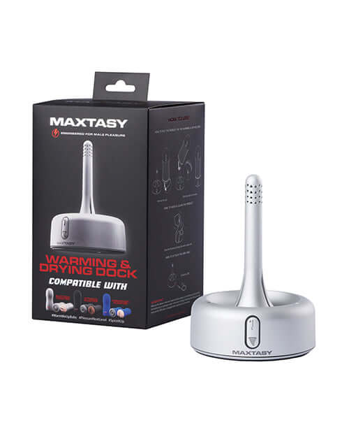 Maxtasy Warming & Drying Dock for Strokers Grey with packaging and design details, showcasing its features and usability.