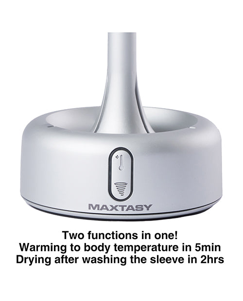 Maxtasy Warming & Drying Dock for Strokers Grey showcasing two functions: warming in 5 minutes and drying the sleeve.