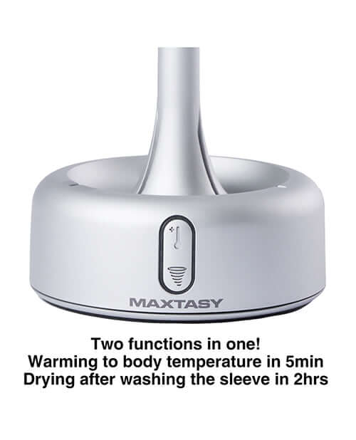 Maxtasy Warming & Drying Dock for Strokers Grey showcasing two functions: warming in 5 minutes and drying the sleeve.