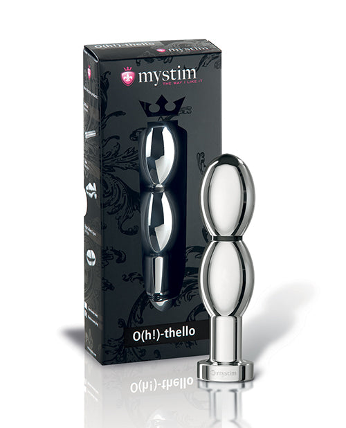 Mystim Oh thello e-Stim Oval Aluminum Dildo in packaging, showcasing its smooth aluminum design and double-oval shape.