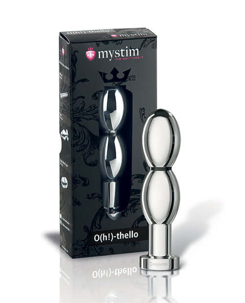 Mystim Oh thello e-Stim Oval Aluminum Dildo in packaging, showcasing its smooth aluminum design and double-oval shape.