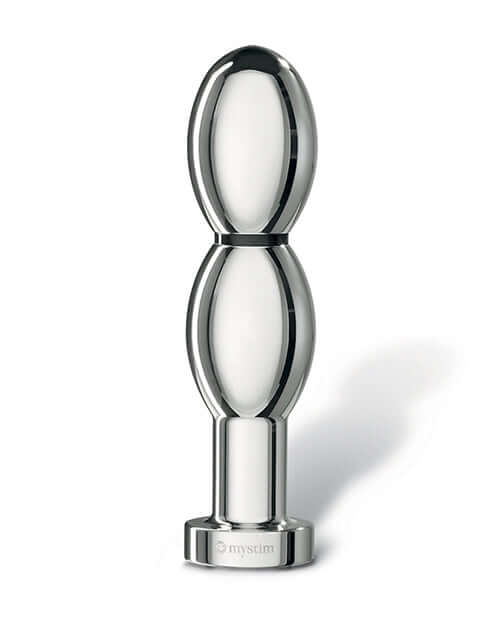 Mystim Oh thello e-Stim Oval Aluminum Dildo showcasing its sleek double-oval design and smooth aluminum finish.