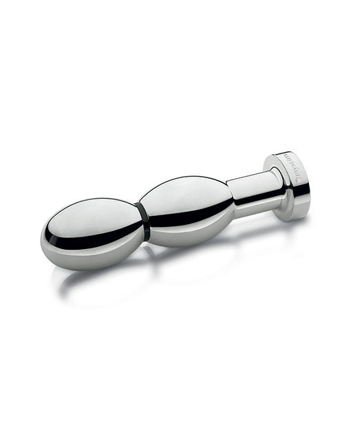 Mystim Oh thello e-Stim Oval Aluminum Dildo with smooth aluminum finish and double-oval design for electrostimulation.