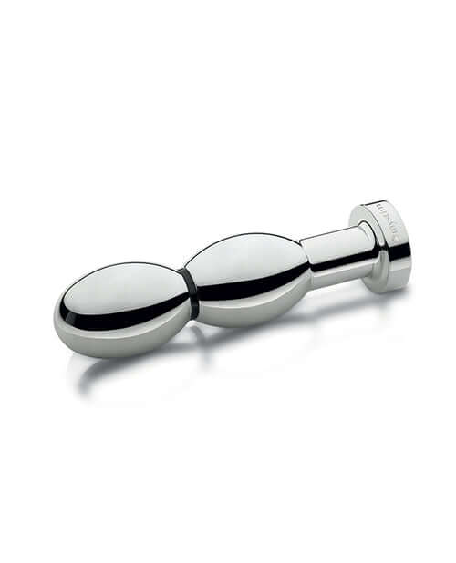 Mystim Oh thello e-Stim Oval Aluminum Dildo with smooth aluminum finish and double-oval design for electrostimulation.