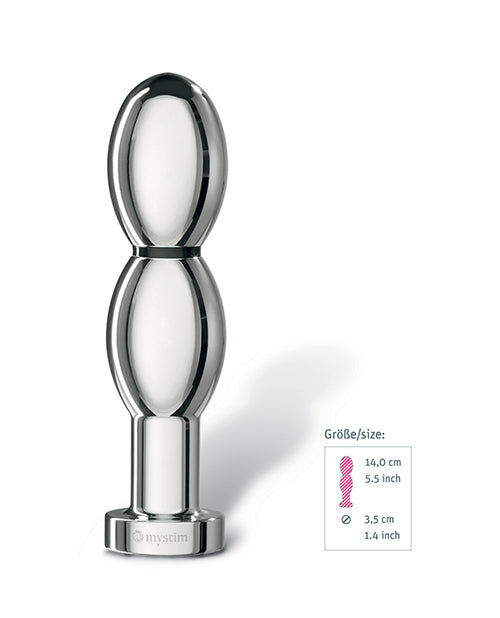 Mystim Oh thello e-Stim Oval Aluminum Dildo showcasing its double-oval shape and smooth aluminum finish.