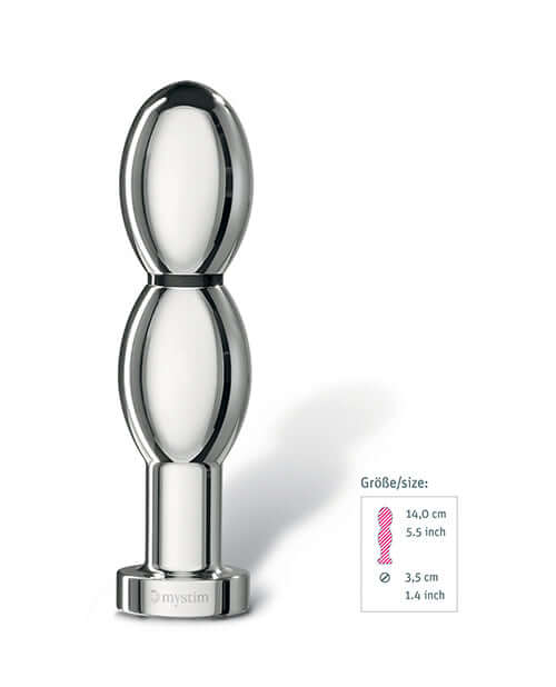 Mystim Oh thello e-Stim Oval Aluminum Dildo showcasing its double-oval shape and smooth aluminum finish.