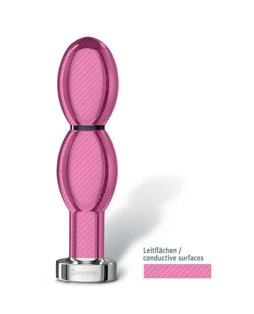 Mystim Oh thello e-Stim Oval Aluminum Dildo showcasing its double-oval design and conductive surfaces.