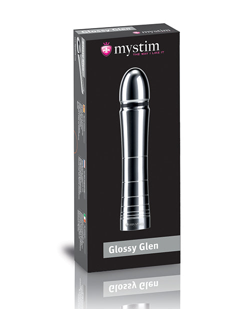 Mystim Glossy Glen e-Stim Aluminum Dildo packaging showcasing its sleek design and form.