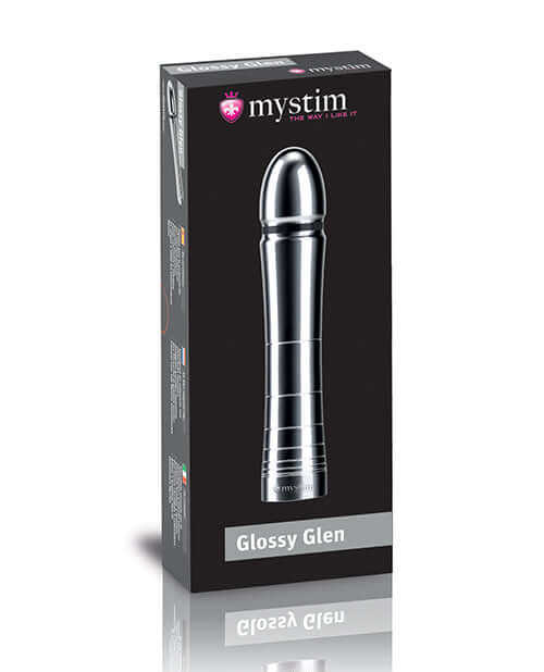 Mystim Glossy Glen e-Stim Aluminum Dildo packaging showcasing its sleek design and form.