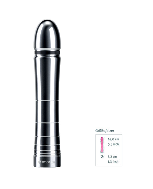 Mystim Glossy Glen e-Stim Aluminum Dildo shown with size dimensions and sleek metallic design.