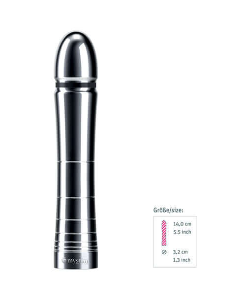 Mystim Glossy Glen e-Stim Aluminum Dildo shown with size dimensions and sleek metallic design.