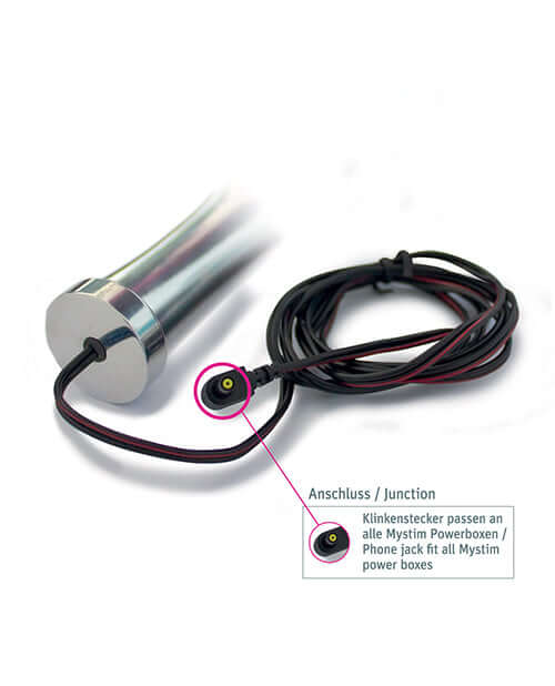 Mystim Glossy Glen e-Stim Aluminum Dildo showing connection and cable details for usage with power boxes.