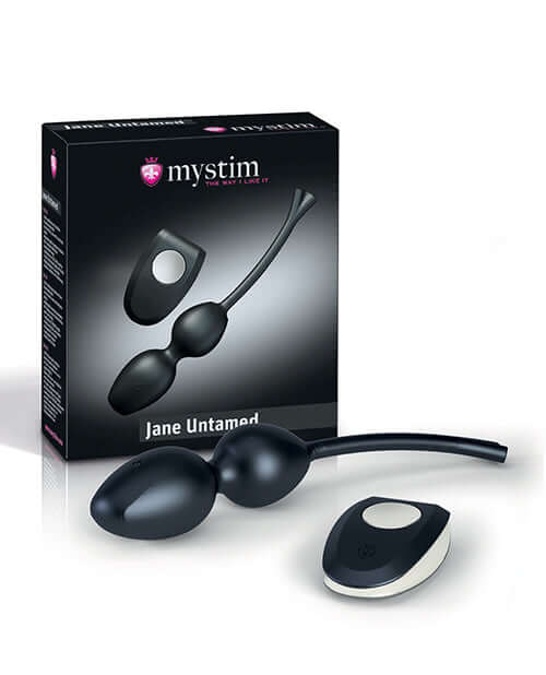 Mystim Jane Untamed Geisha Balls package with two Kegel balls and remote control on a white background.