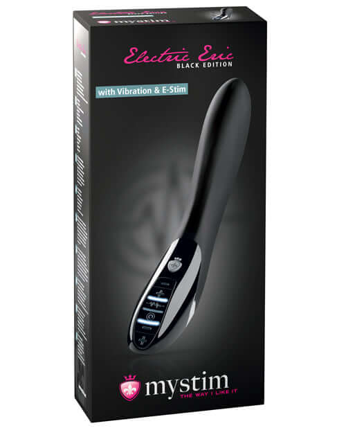 Mystim Electric Eric eStim Vibrator Black Edition Black packaging showcasing its features of vibration and E-Stim.