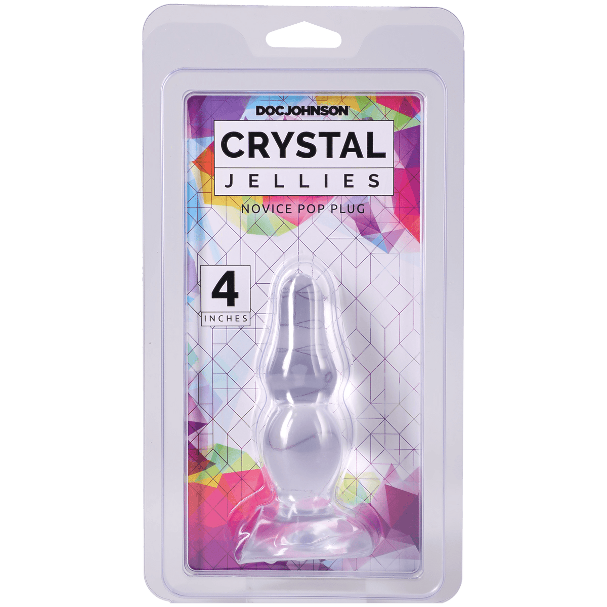 Crystal Jellies Novice Pop Plug 4 Inch Clear with colorful packaging and product details visible.