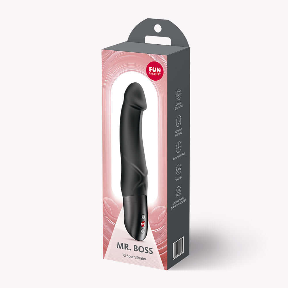Fun Factory Mr Boss G-Spot Vibrator Black in packaging showcasing its ergonomic design and features.