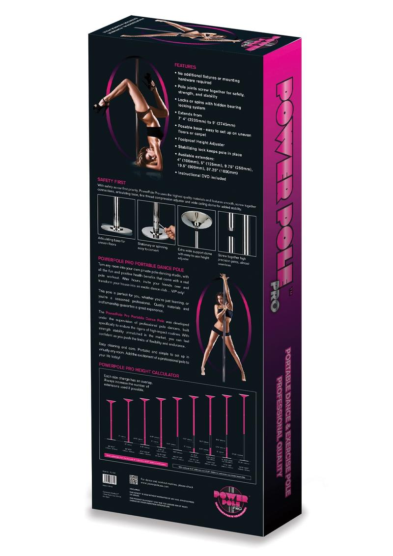 Xgen Power Pole Pro Spinning Dance Pole Silver packaging with features and safety instructions.
