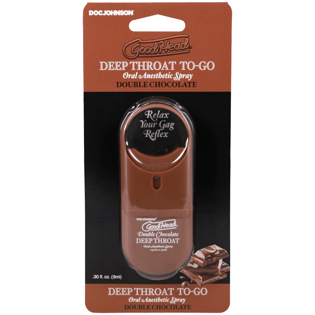 Goodhead Deep Throat Spray to-Go Double Chocolate 0.3 Oz packaging featuring a mouth relaxant.