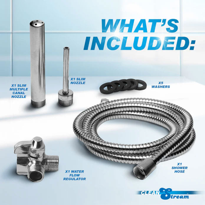 CleanStream Metal Deluxe Shower Enema System components including nozzles, washers, shower hose, and flow regulator.