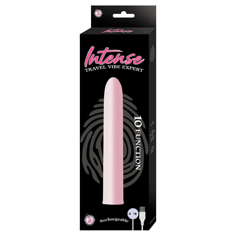 Intense Travel Vibe Expert Pink vibrator packaging showcasing 10 functions and rechargeable feature.