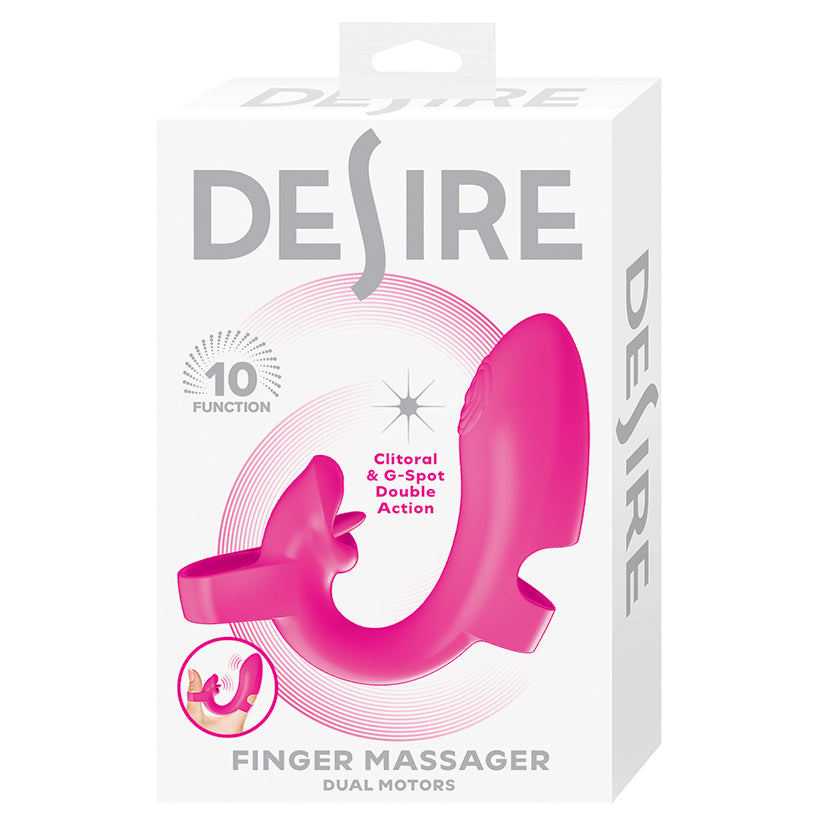 Desire Finger Massager Dual Motor Pink packaging featuring a clitoral and G-spot double action design.