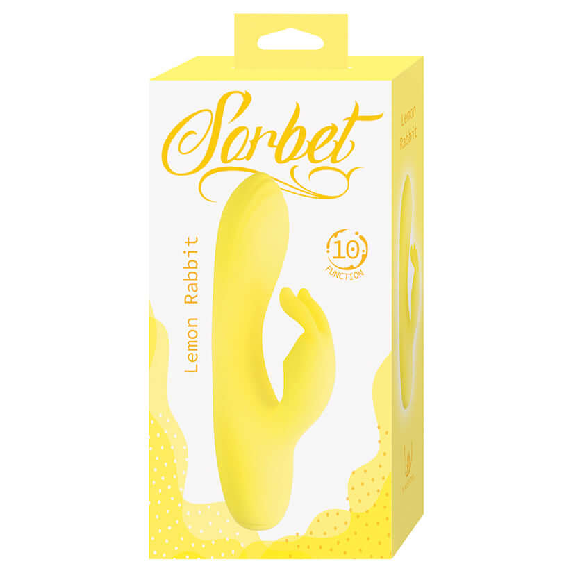 Product packaging of Sorbet Lemon Rabbit Vibrator Yellow showcasing its design and features.
