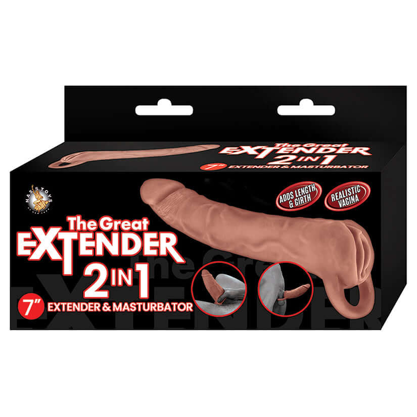 The Great Extender & Masturbator 2n1 Brown 7 inches product packaging featuring realistic design and dual functionality.