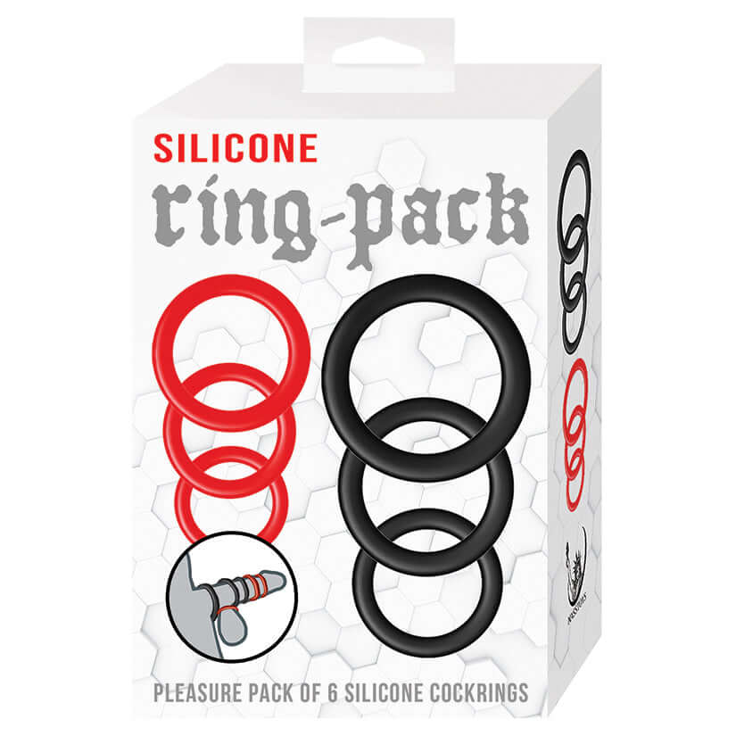 Silicone Ring Pack Red & Black 6 Pc Cockrings packaging showing red and black silicone cockrings with label and graphic.