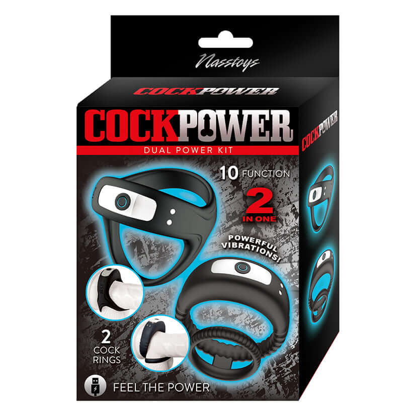 Cockpower Dual Power Kit Cockring Vibrator packaging showcasing two cock rings with powerful vibrations and 10 functions.