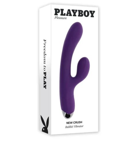 Playboy New Crush Rechargeable Dual Vibrator packaging featuring sleek purple design and rabbit vibrator shape.