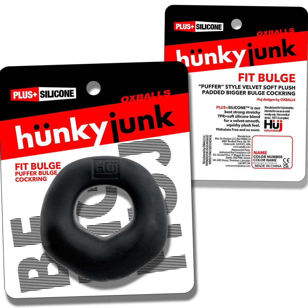 Oxballs Fit Bulge Hung-Style Cockring Black Fog displayed on packaging, emphasizing comfort and secure fit.