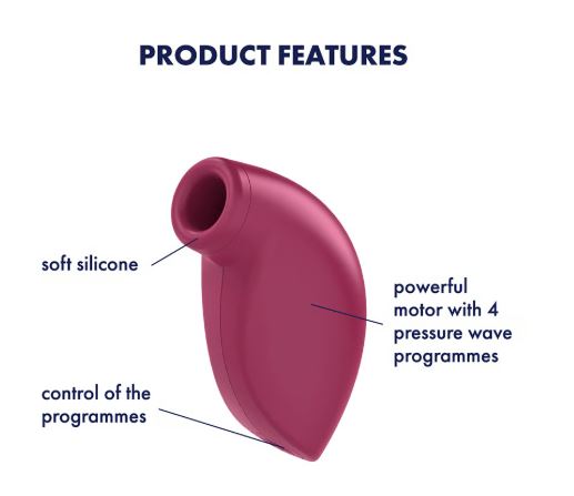 Features of Satisfyer One Night Stand Air Pulse Clitoral Stimulator, showcasing soft silicone and powerful motor.