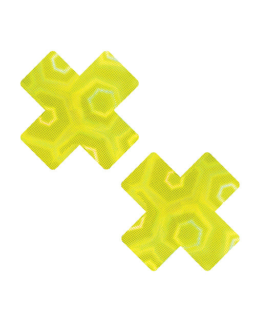 Neva Nude Holographic X Factor Pasties Neon Yellow in bold X-shaped design with shimmering holographic finish.