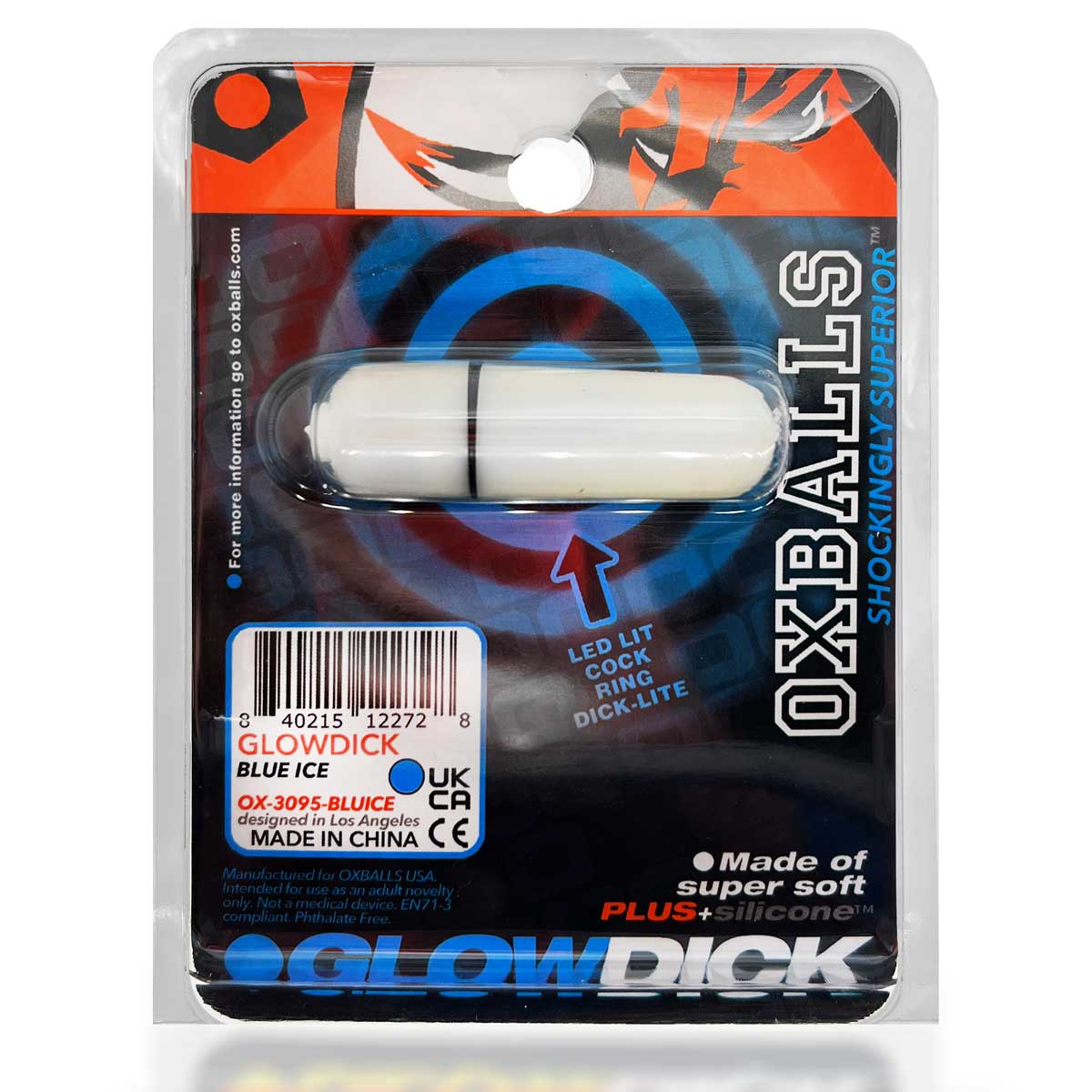 Oxballs Glowdick LED Cockring Blue Ice packaging showcasing ergonomic design and LED lighting features.