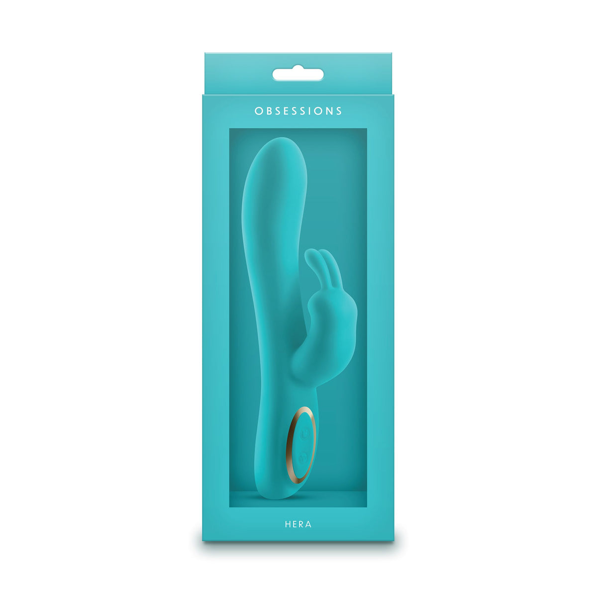 Obsessions Hera Silicone Rabbit Vibrator Light Green in vibrant packaging featuring a smooth silicone design.