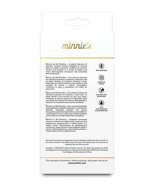 Product packaging for Minnies Flick Flexible Curved Vibe Pink, highlighting features and instructions.