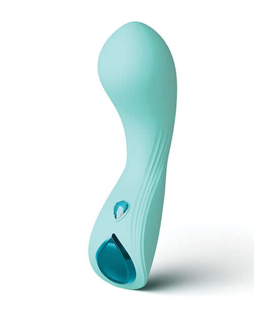 Minnies Wink Flexible Curved Vibe Aqua with sleek design and jeweled power button, perfect for targeted stimulation.