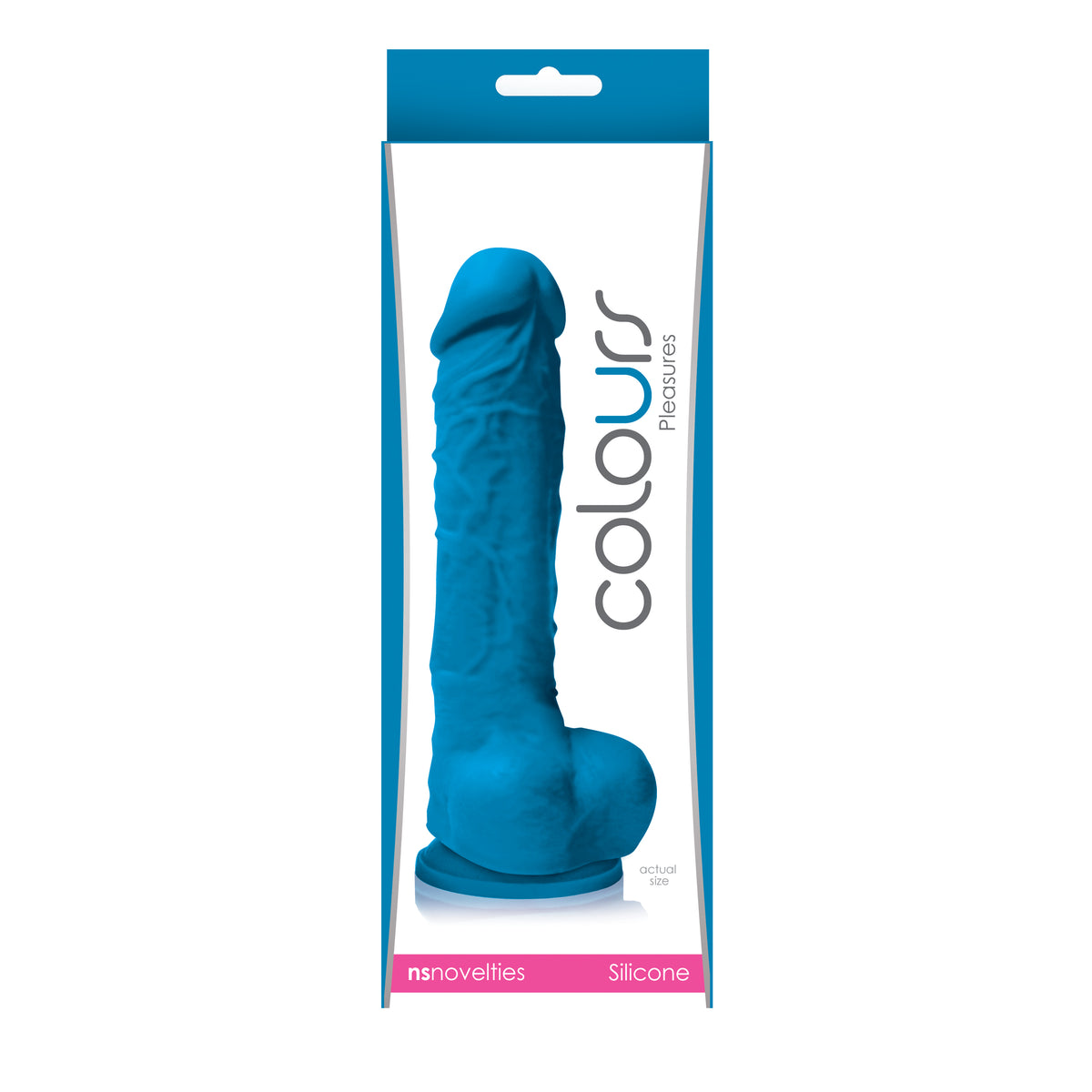 Colours Pleasures 5 Inch Silicone Dildo Blue in packaging, showcasing a realistic design for lifelike pleasure.