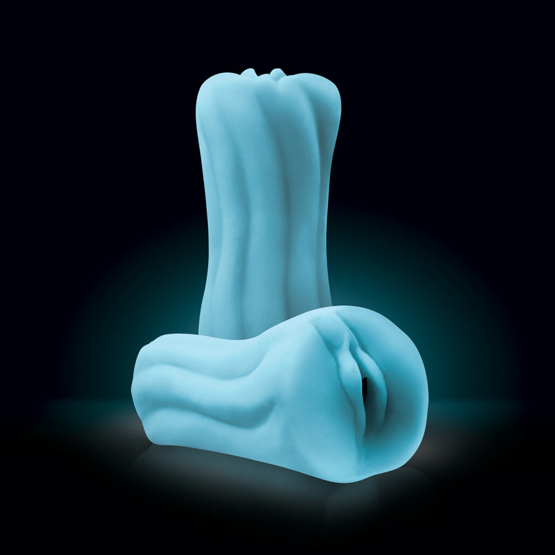 Firefly Yoni Glow in the Dark Pussy Stroker Blue displayed with glowing blue silicone design.