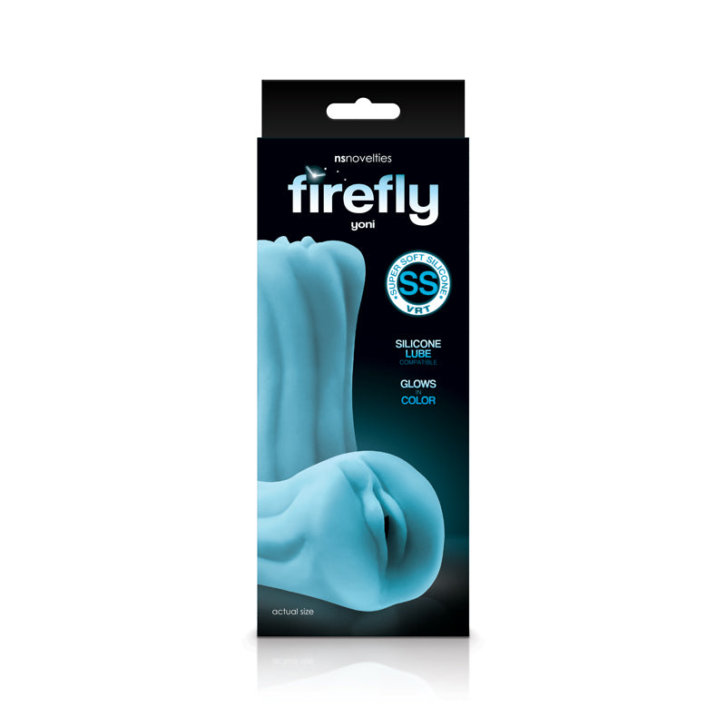 Firefly Yoni Glow in the Dark Pussy Stroker Blue packaging, features soft silicone, glows in the dark design.