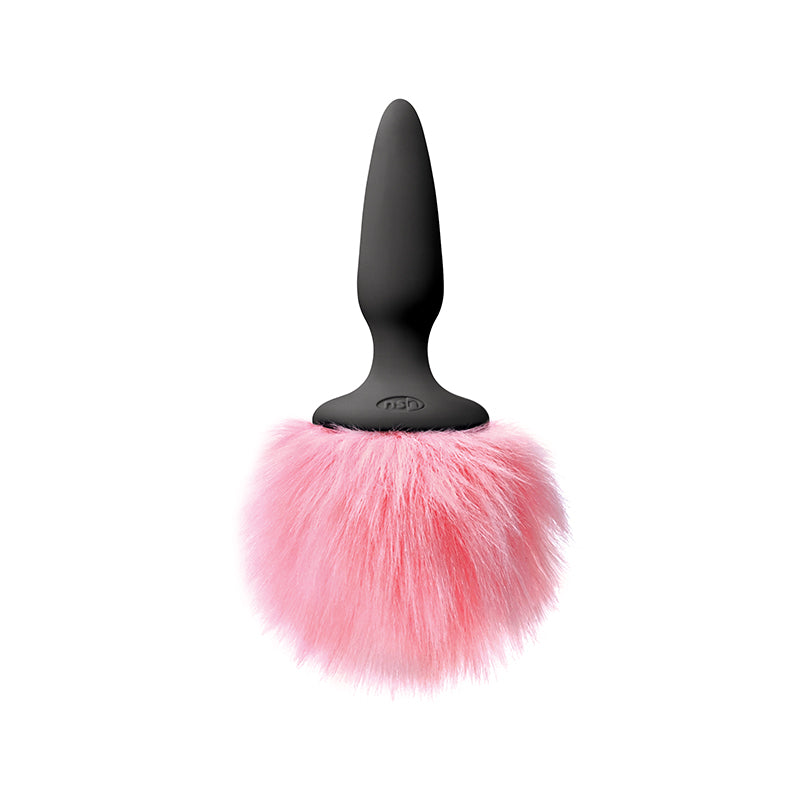 Bunny Tails Mini Silicone Butt Plug Pink Fur with a fluffy pink tail and tapered silicone base.