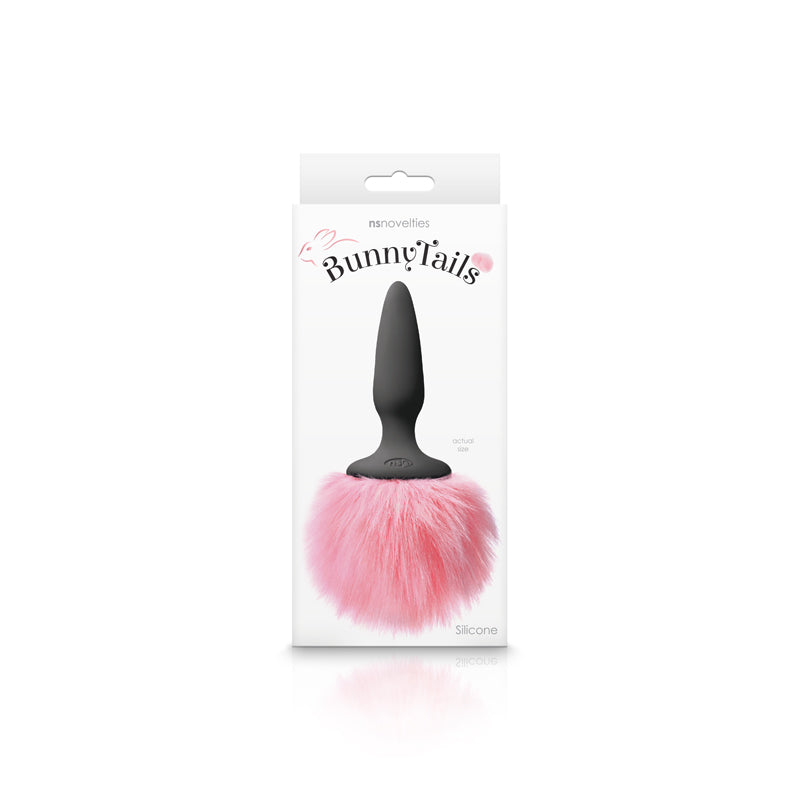 Bunny Tails Mini Silicone Butt Plug Pink Fur packaging featuring a black tapered plug with a fluffy pink tail.