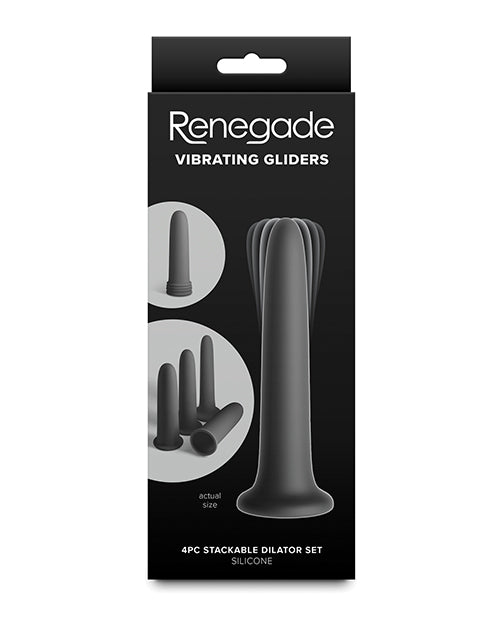 Renegade Vibrating Dilators Black packaging featuring a 4-piece stackable dilator set in silicone.