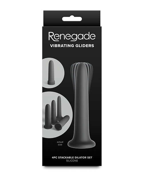 Renegade Vibrating Dilators Black packaging featuring a 4-piece stackable dilator set in silicone.