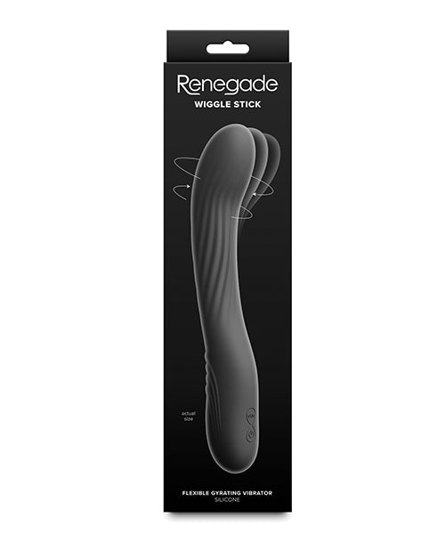 Renegade Wiggle Stick Silicone Gyrating Vibrator Black in sleek packaging with ribbed design.