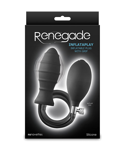 Renegade Inflataplay Inflatable Anal Plug Black packaging with pump for customizable size and grip.