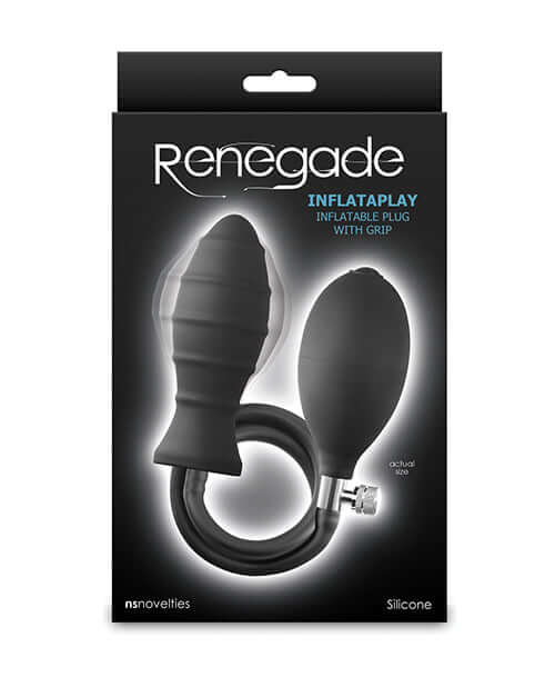 Renegade Inflataplay Inflatable Anal Plug Black packaging with pump for customizable size and grip.