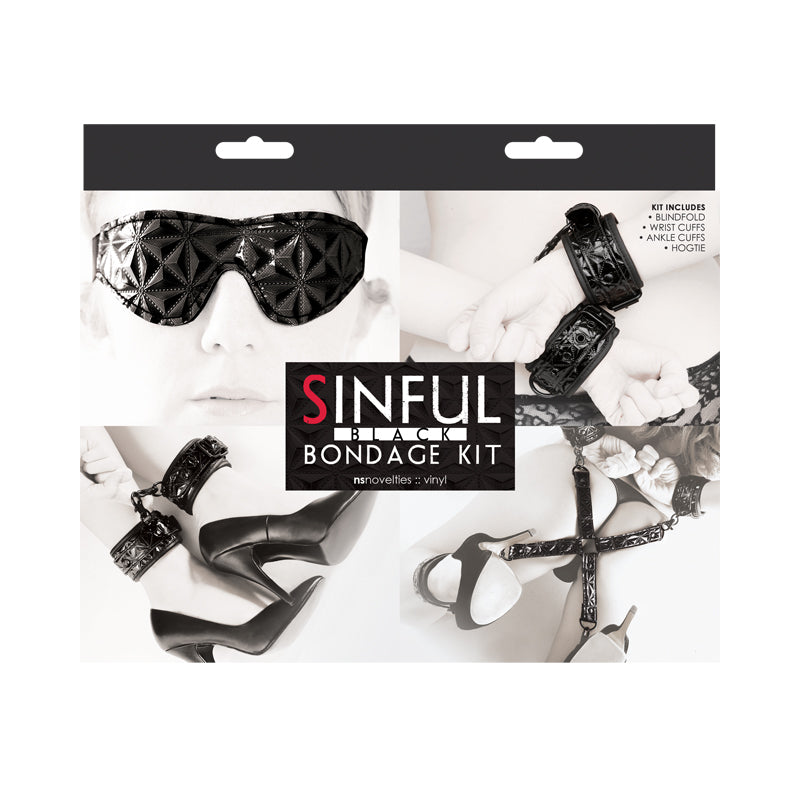 NS Novelties Sinful Bondage Kit Black packaging showcasing cuffs and blindfold.