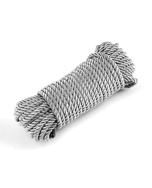 Bound 50 ft Bondage Restraints Rope Silver coiled in a bundle, showcasing its smooth polyester fiber texture.